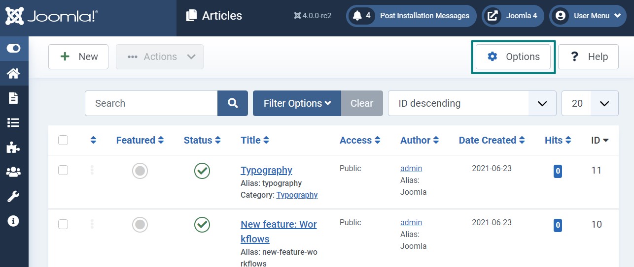 Joomla 4 Article options