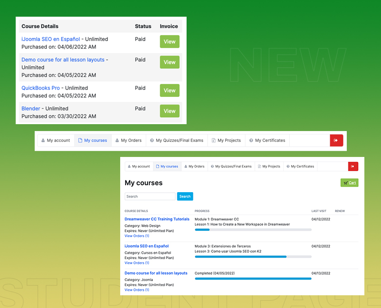 Joomla lms student dashboard