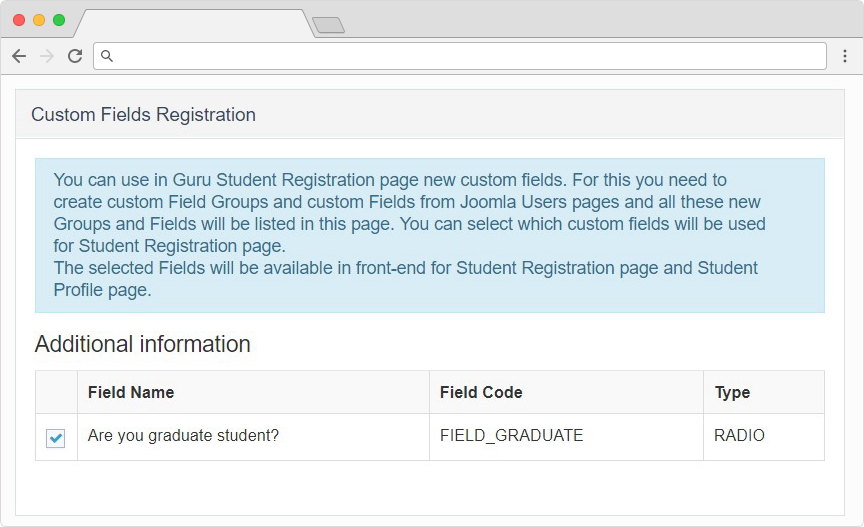 guru lms joomla extension registration custom fields